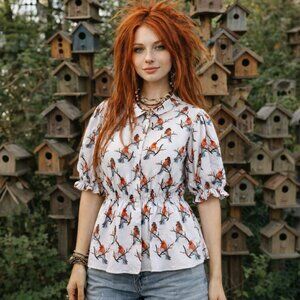 Paul & Joe Gray Red Cardinals Short Sleeve Silk Blouse Size 2